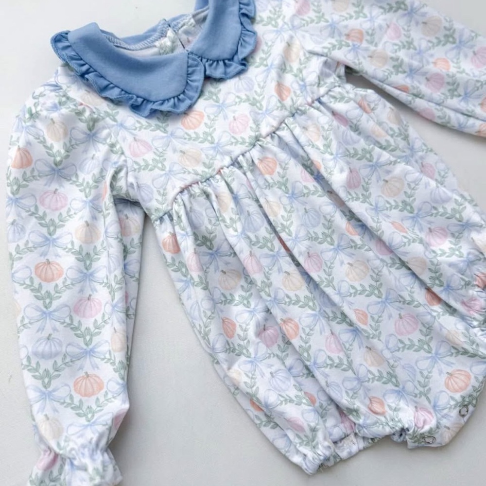 Pumpkin Long Sleeve Bubble with Blue Collar